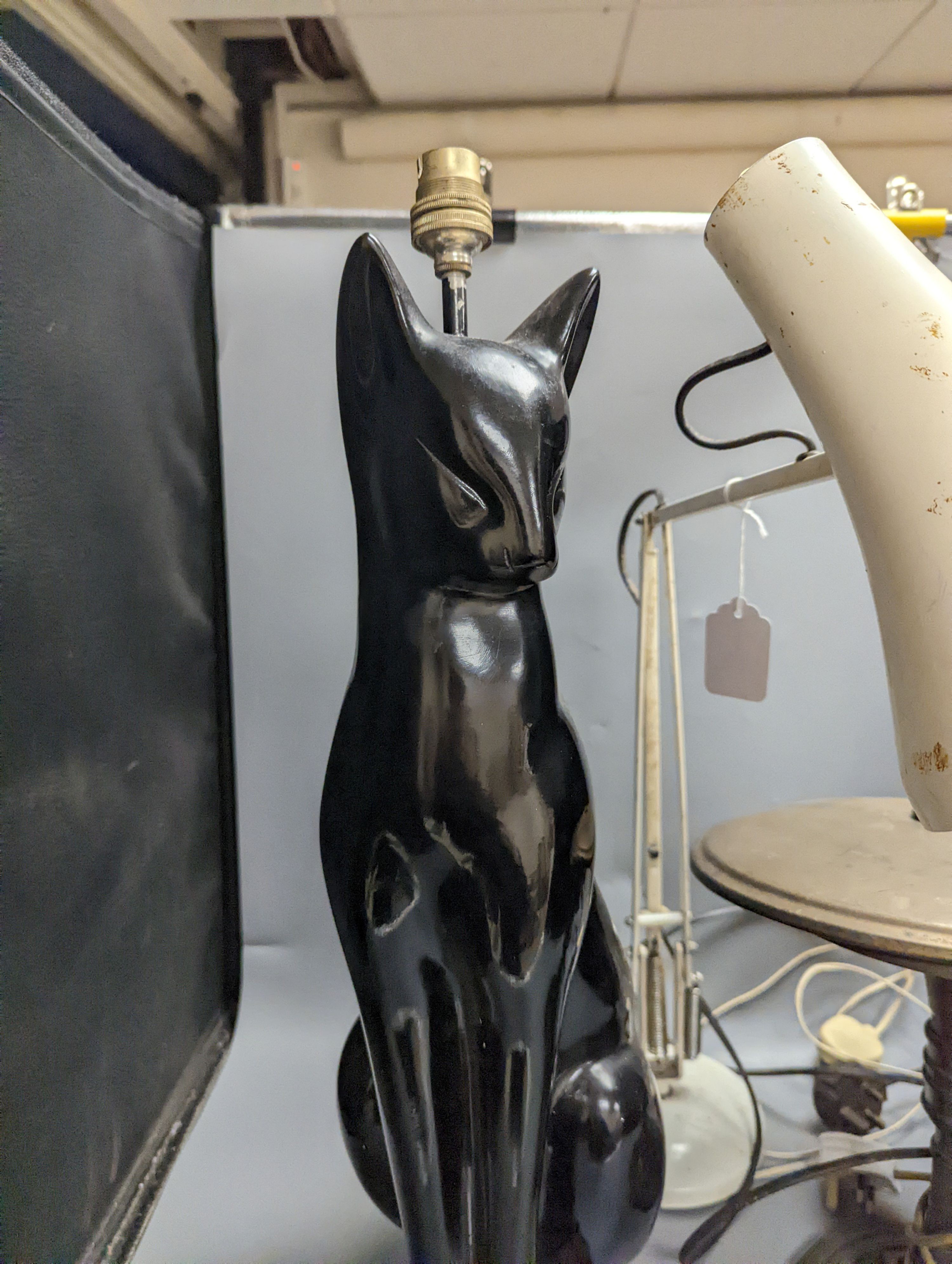 A Sunlight table lamp, Anglepoise lamp and large cat lamp